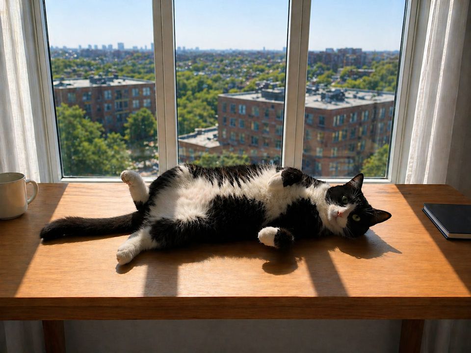 "The feline’s posture may suggest a sun-induced torpor, but this would be a mistake. One ear remains active, monitoring for snacks, birds, and procedural violations."