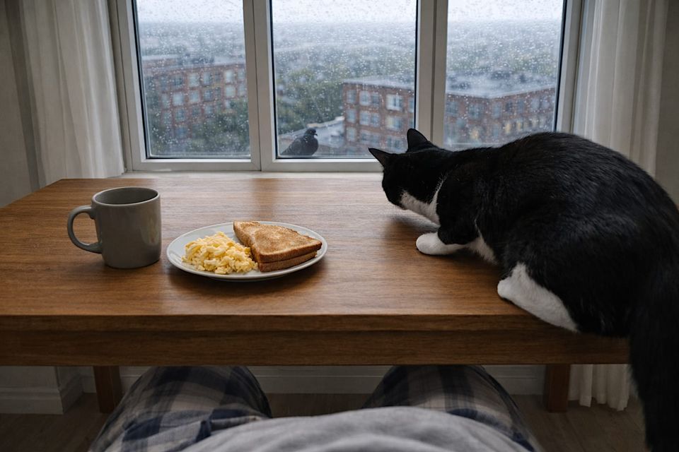 The pigeon was giving a little “what are you going to do about it.” Poor Mabel.
