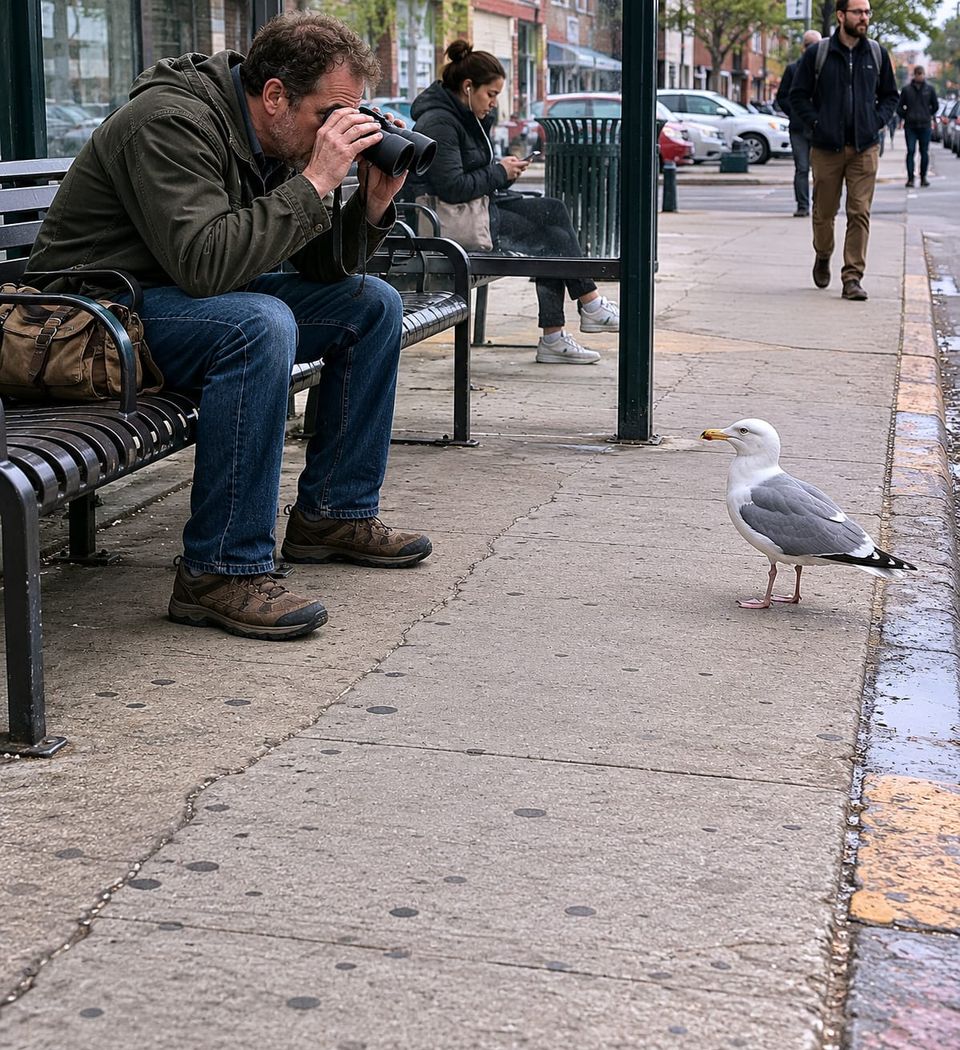 "Here we observe the urban birdwatcher: patient, cautious, and unwilling to jump to conclusions. After sustained observation of the nearby gull, this eager novice had narrowed it down to 'probably bird.'"