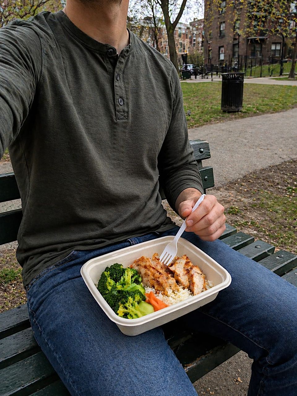 "Takeaway container in hand, the subject retreats to a quieter location to feed."