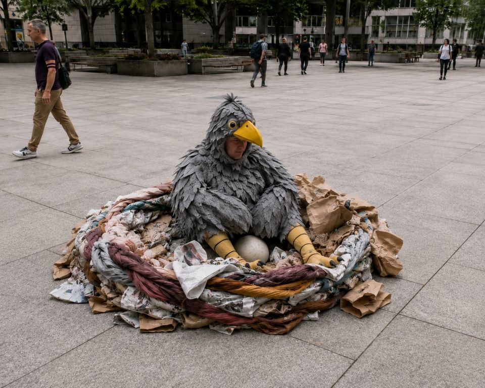 "Here the North American plaza bird incubates its egg, relying on camouflage, stillness, and everyone’s unwillingness to get involved."