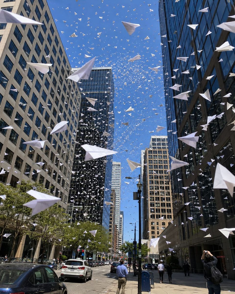 "At the height of breeding season, mature office towers release vast clouds of paper gametes into the prevailing winds."