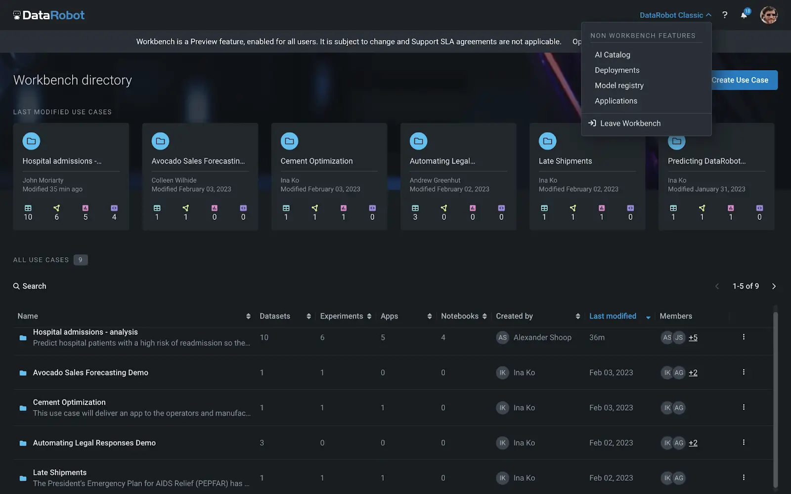 DataRobot dashboard