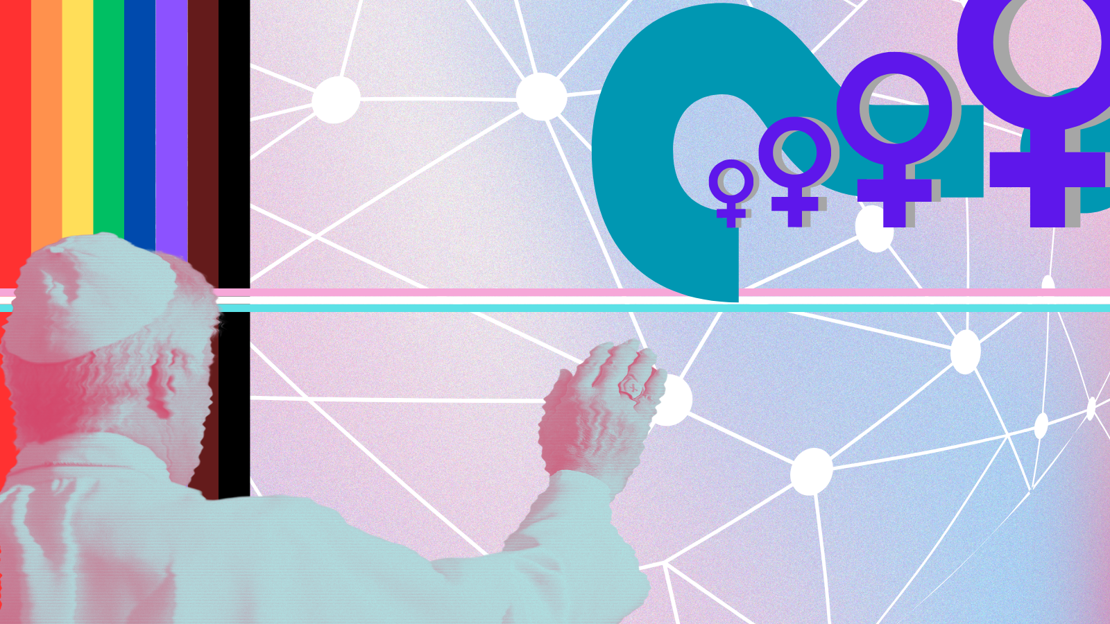 A distorted image of a religious figure over a Pride flag with the Venus symbol layered above a question mark.