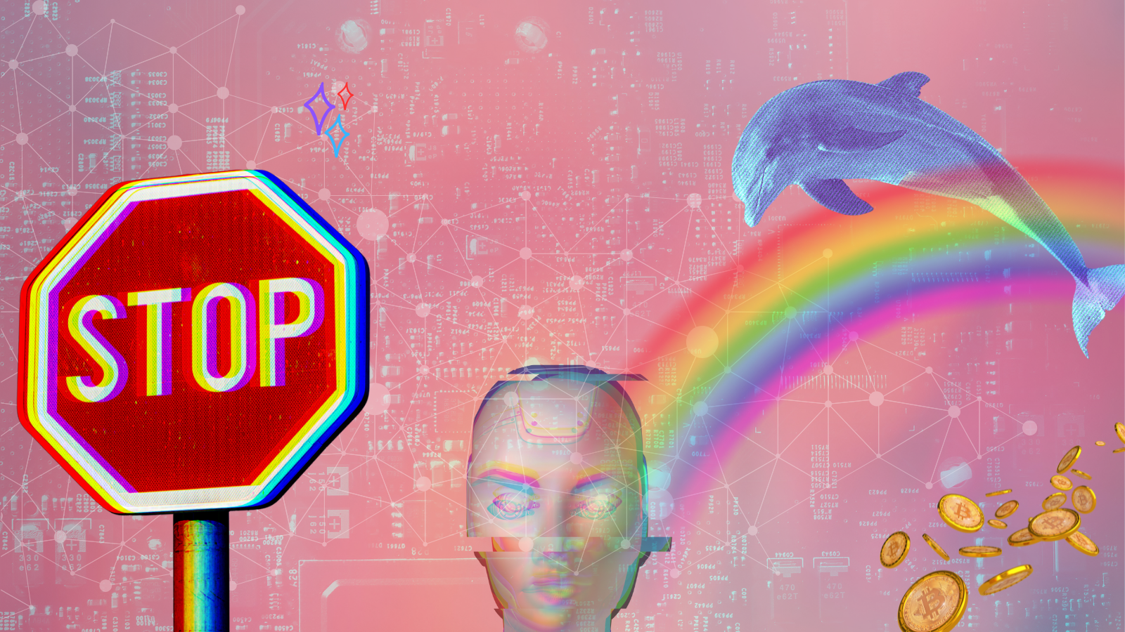 A distorted mix of items, including a dolphin jumping a rainbow with Bitcoin below it, a scary robot, and a stop sign.