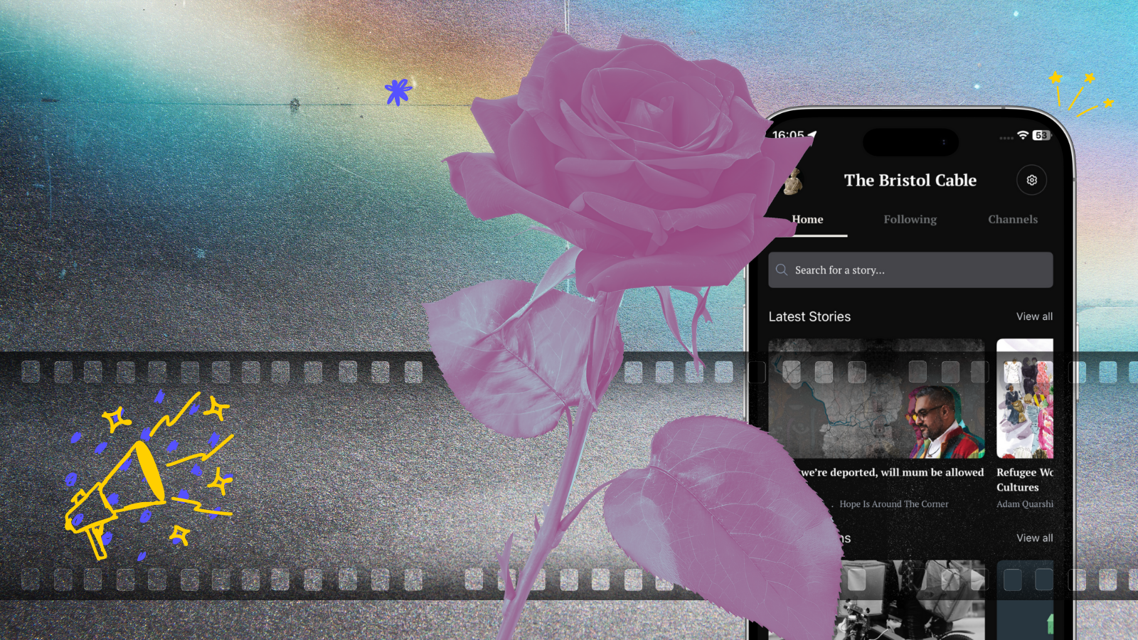 An image of a rose and a screenshot of a phone against a film grain background with colour doodles.