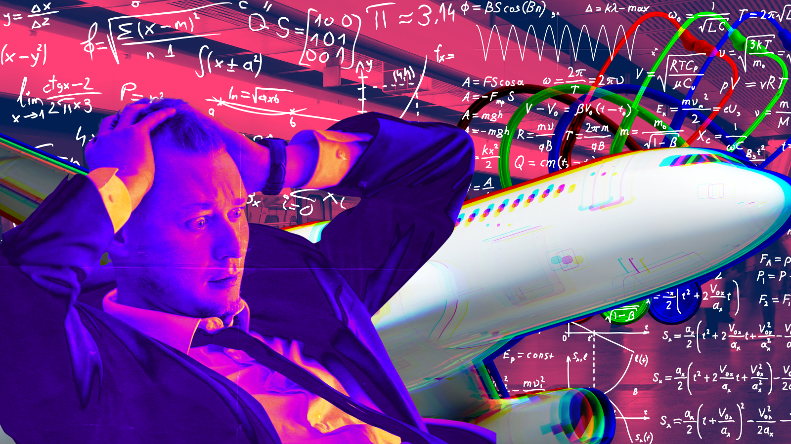 A collage image showing a man with his hands on his head, in the background a plane can be seen over handwritten equations, a stethoscope, and a tube station.