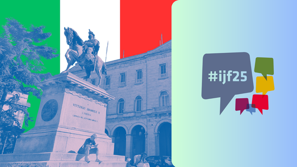 Piazza Italia in Perugia with the sky edited to be an Italian flag. The IJF logo is to the right. 