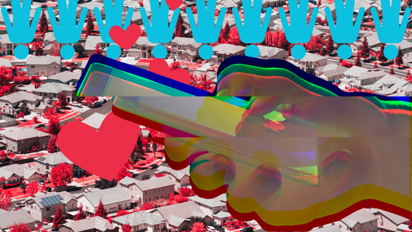 A distorted image of a neighbourhood, covered by hearts and a pixelated hand holding a mobile phone.