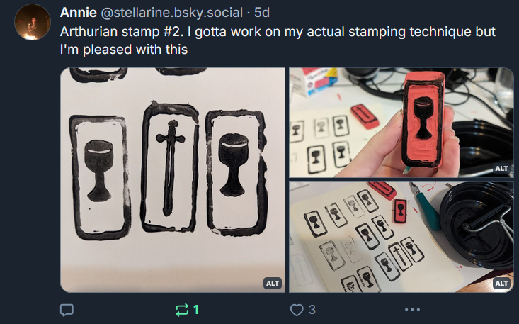 Screenshot of a Bluesky post of mine which includes pictures of pink rubber erasers I carved into stamps, and impressions of the stamps. The stamps depict a chalice/grail and a sword.