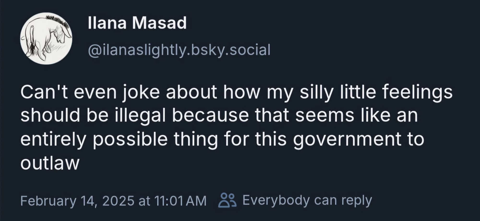 On February 14, 2025, Ilana Masad skeeted on Bluesky: "Can't even joke about how my silly little feelings should be illegal because that seems like an entirely possible thing for this government to outlaw"
