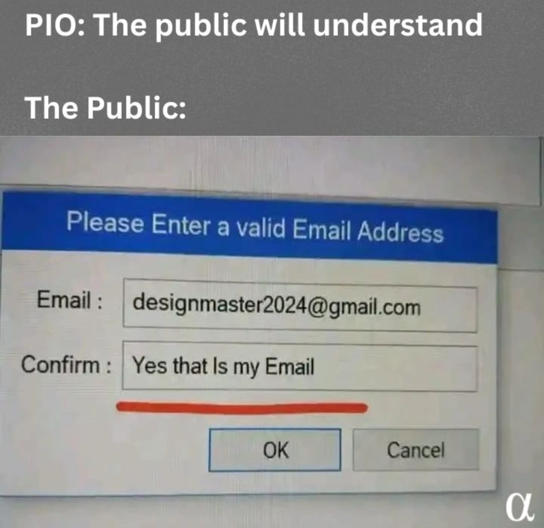 A screenshot of a computer dialog box. The caption reads, "PIO: The public will understand." The screenshot reads, "Please Enter a valid Email Address." An email followed by the "confirmation" "Yes that Is my Email" is shown.