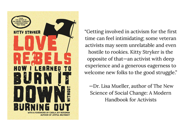 A book cover image of "Love Rebels" with red and black lettering on a light yellow background, side by side with a reviewer quote 