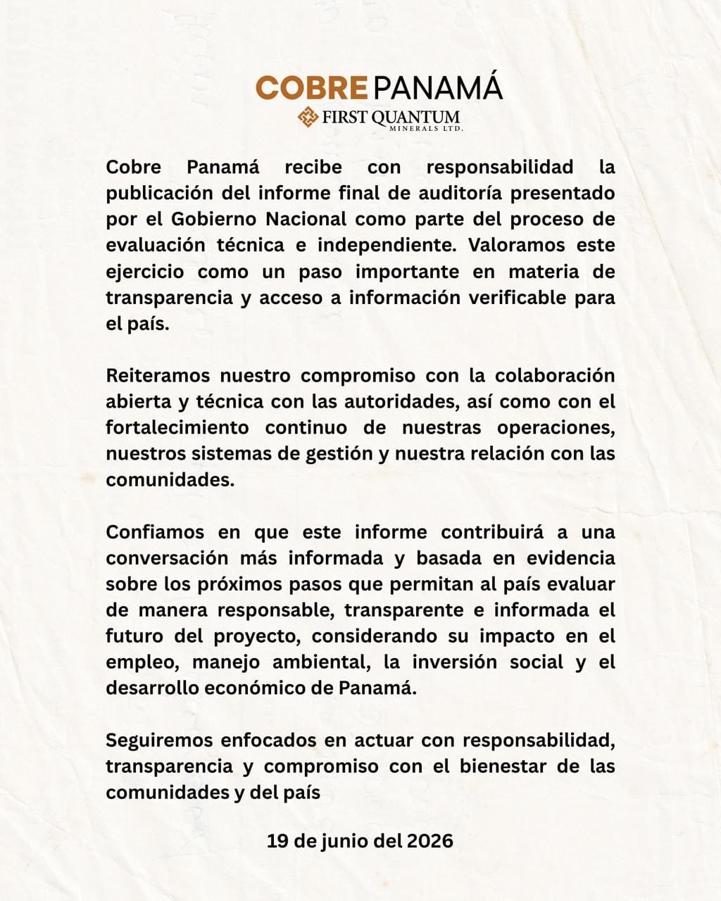 Comunicado de Cobre Panamá / First Quantum Minerals sobre el informe final de auditoría, 19 de junio de 2026