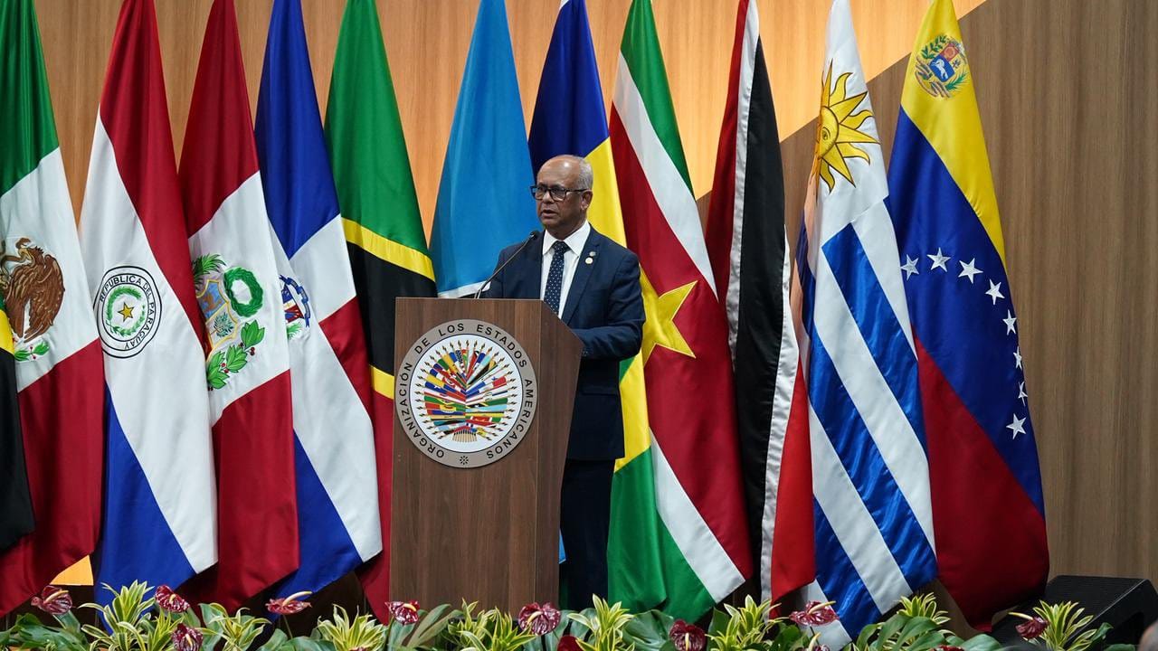 Intervención desde el podio de la OEA ante las banderas de los Estados miembros