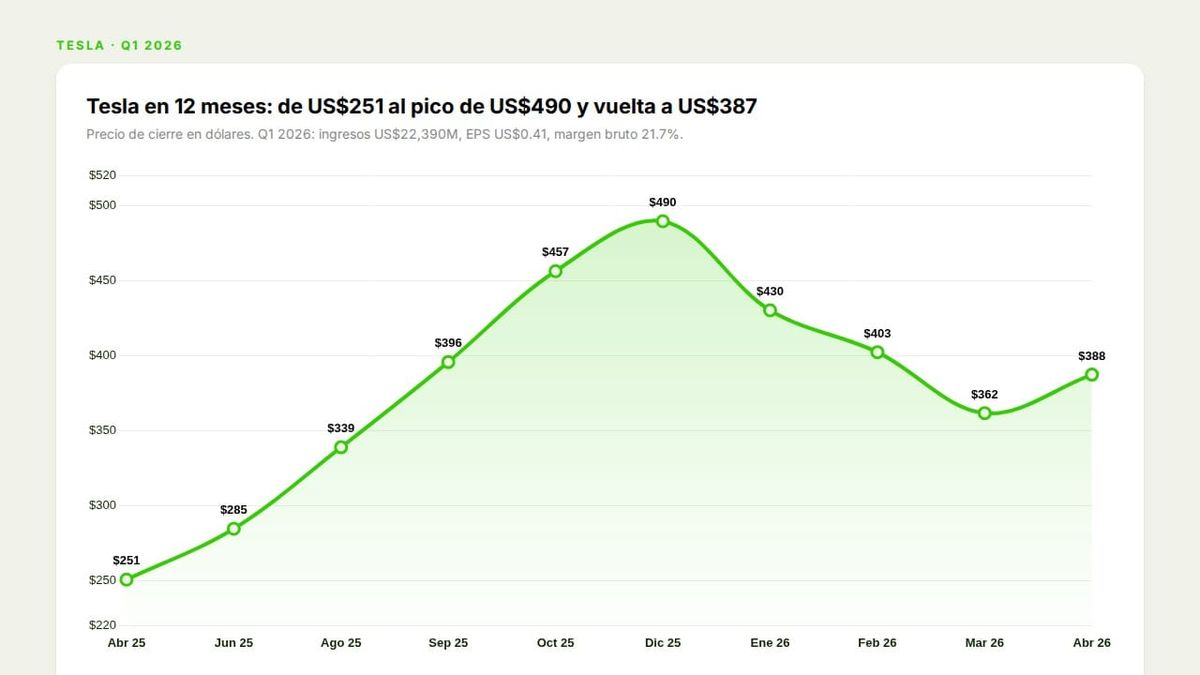 Tesla TSLA precio 12 meses: de US$251 al pico de US$490 y vuelta a US$387