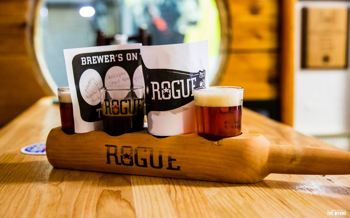 having a flight at Rogue Brewery