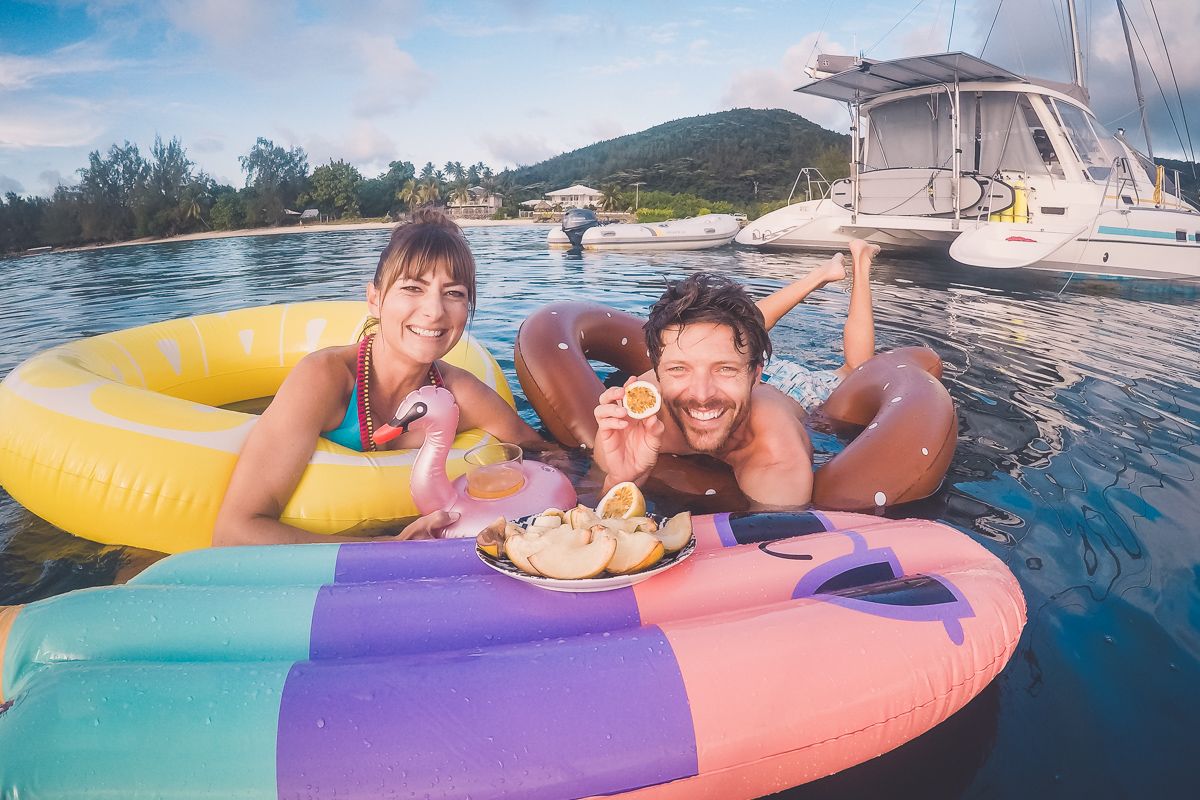Jason and Nikki having silly Fun With pool floaties in the south pacific