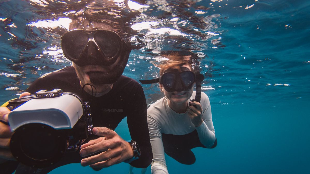 Jason and nikki wynn happy face swimming with whales in moorea french polynesia