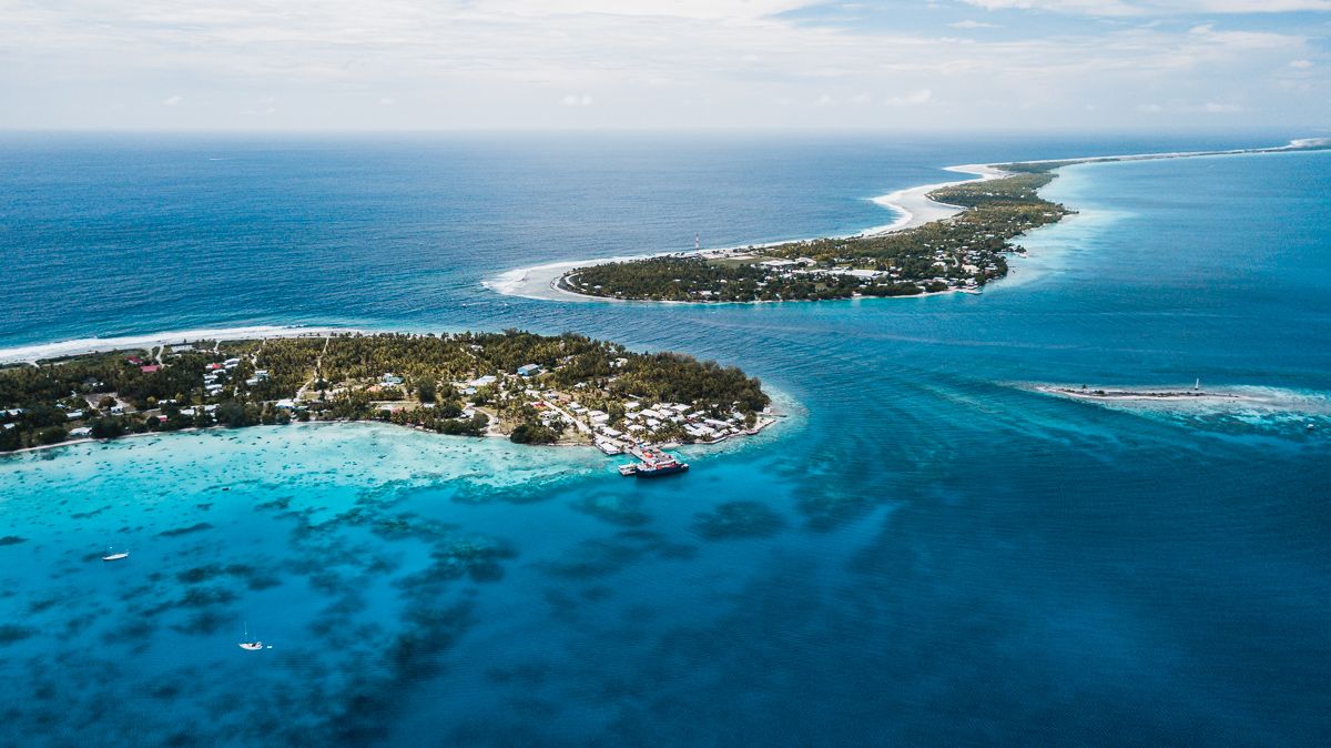 drone view of rangiroa atoll in tuamotu and the pass