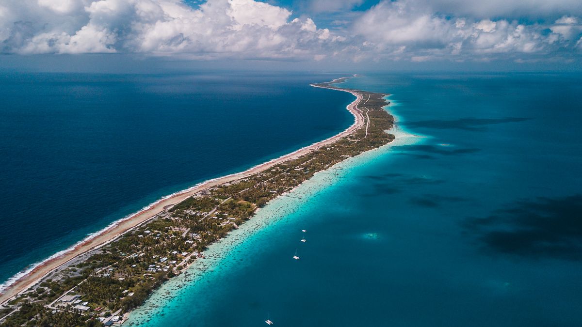 drone view of sailboat in Fakarava