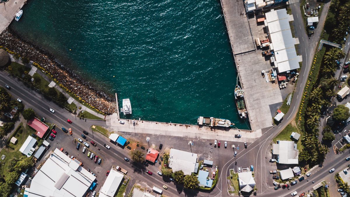 drone view of harbor in rarotonga cook islands