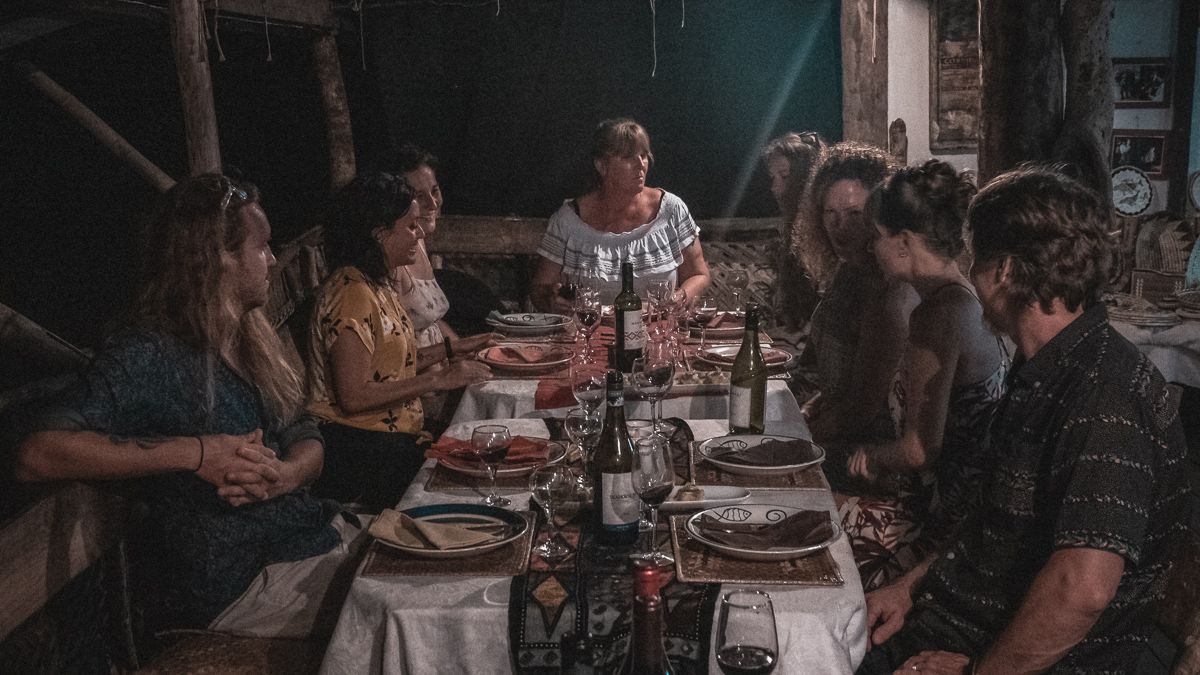 new friends gathered at la pallea resturant on tapana island in tonga