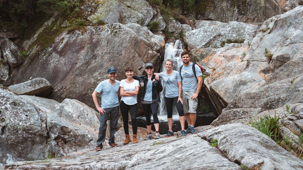 Jason and Nikki wynn with Kate Brand andfriends hiking at wilderness ebb and flow waterfall