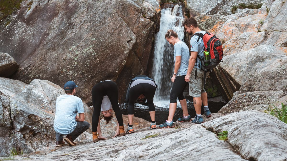 the wynns with friends hiking at wilderness ebb and flow waterfall