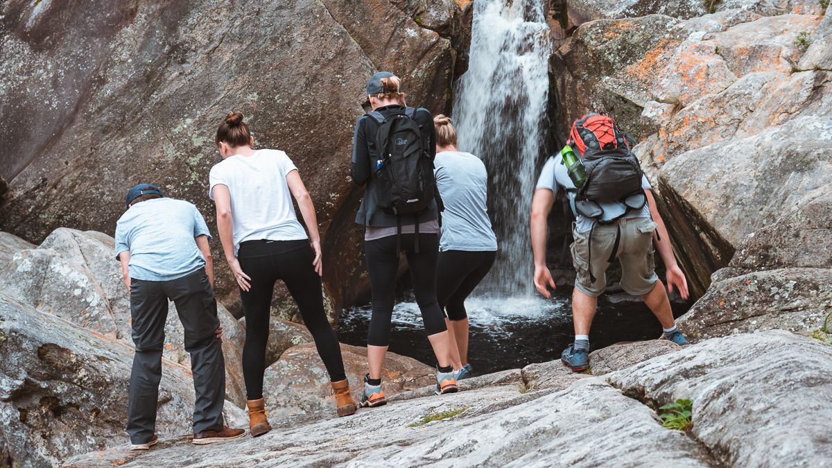the wynns with friends hiking at wilderness ebb and flow waterfall