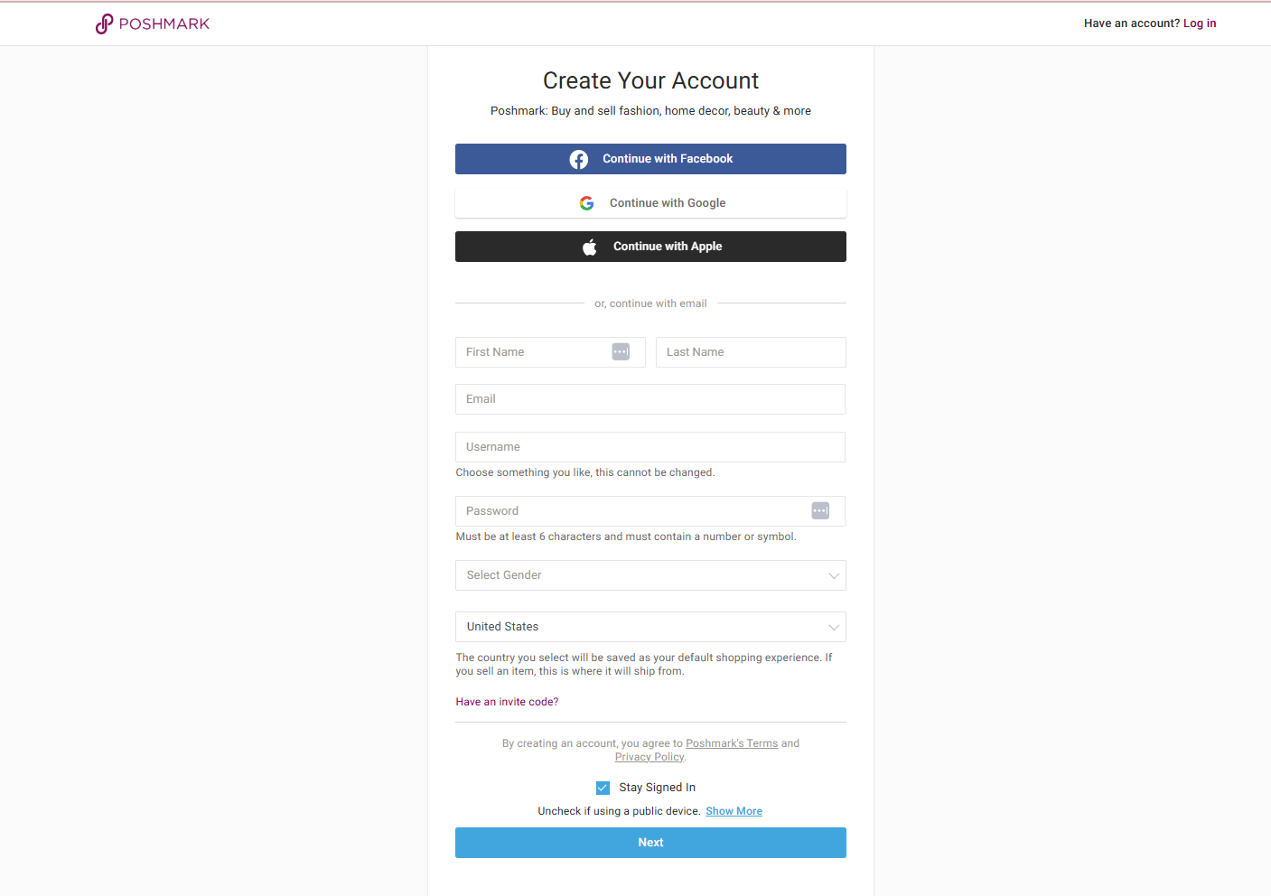 Poshmark web signup page