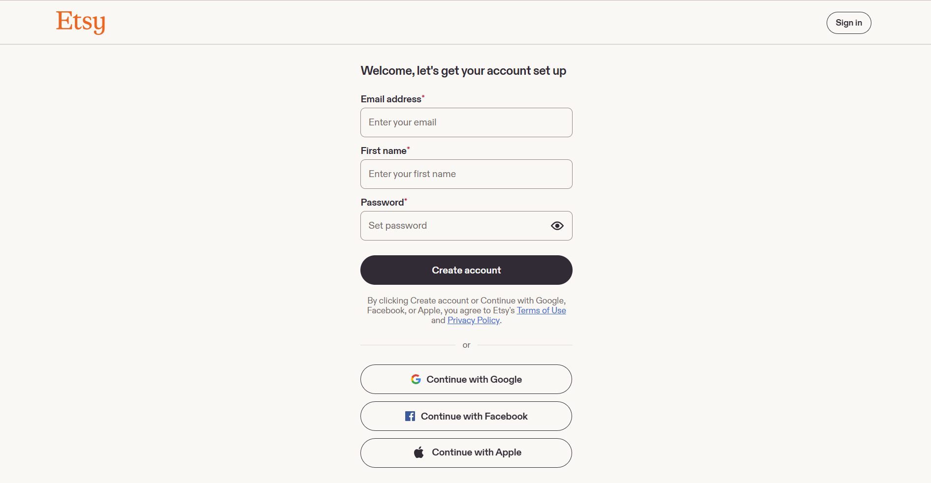 The Etsy Signup page
