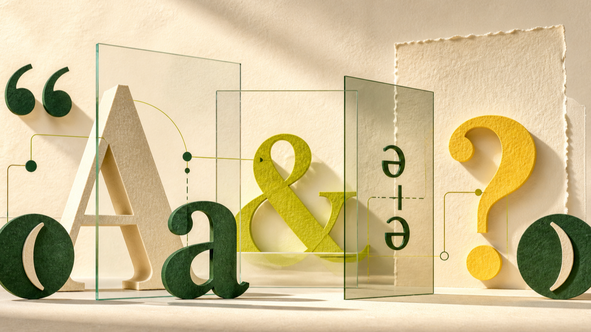 Dimensional paper letterforms, punctuation and phonetic marks arranged through translucent glass as an abstract language guide.