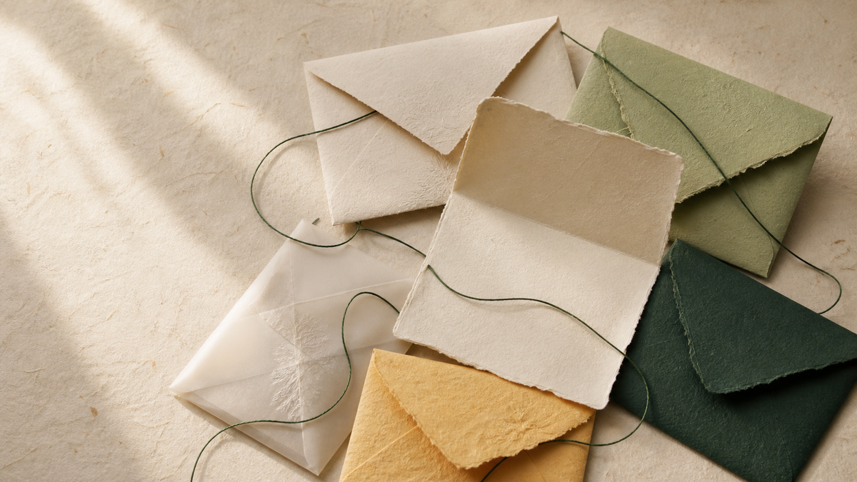 A gathering of handmade-paper letters connected by a continuous deep-green thread.