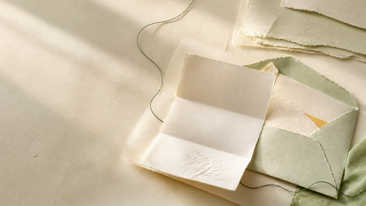 An open handmade-paper letter beside a soft green envelope and a fine deep-green thread.