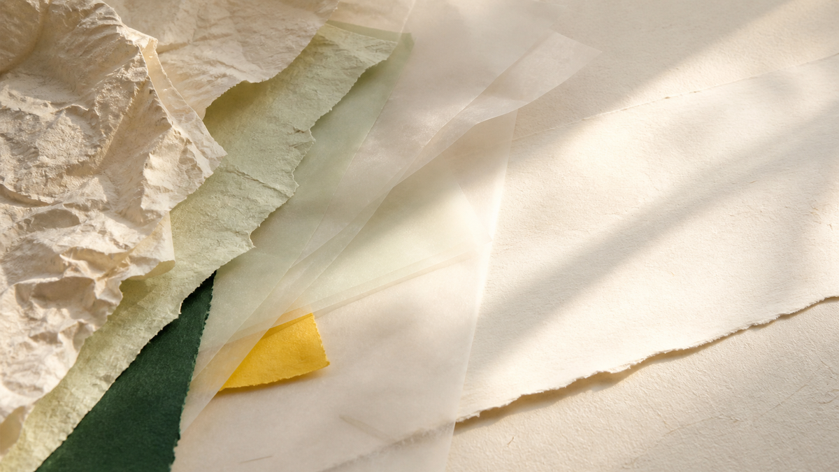 Layered handmade paper moving from gathered texture into open, sunlit space.