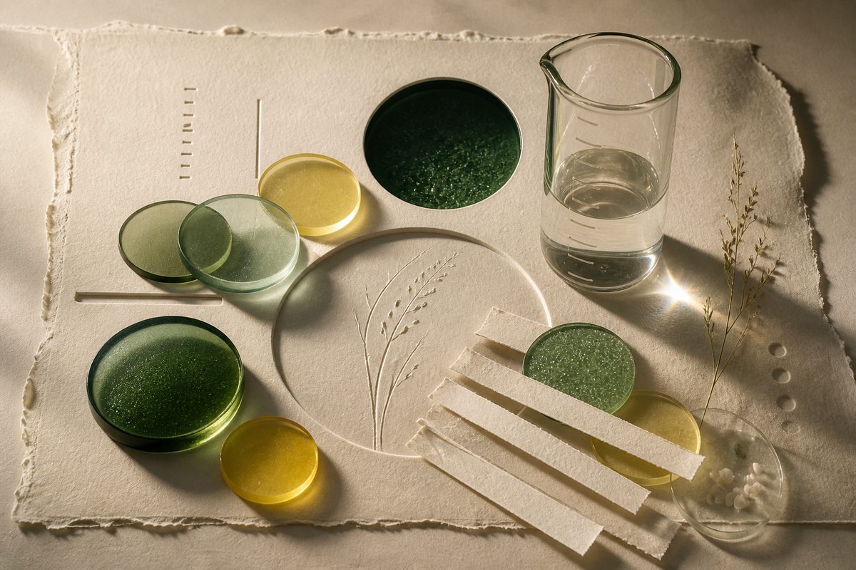 Translucent green and yellow glass forms, measurement marks and paper strips arranged on handmade paper.
