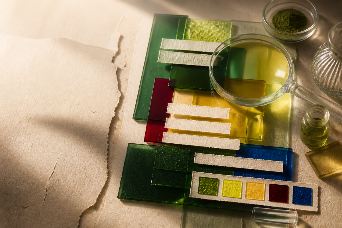 Translucent color samples, paper label strips and a magnifying lens arranged on a research surface.
