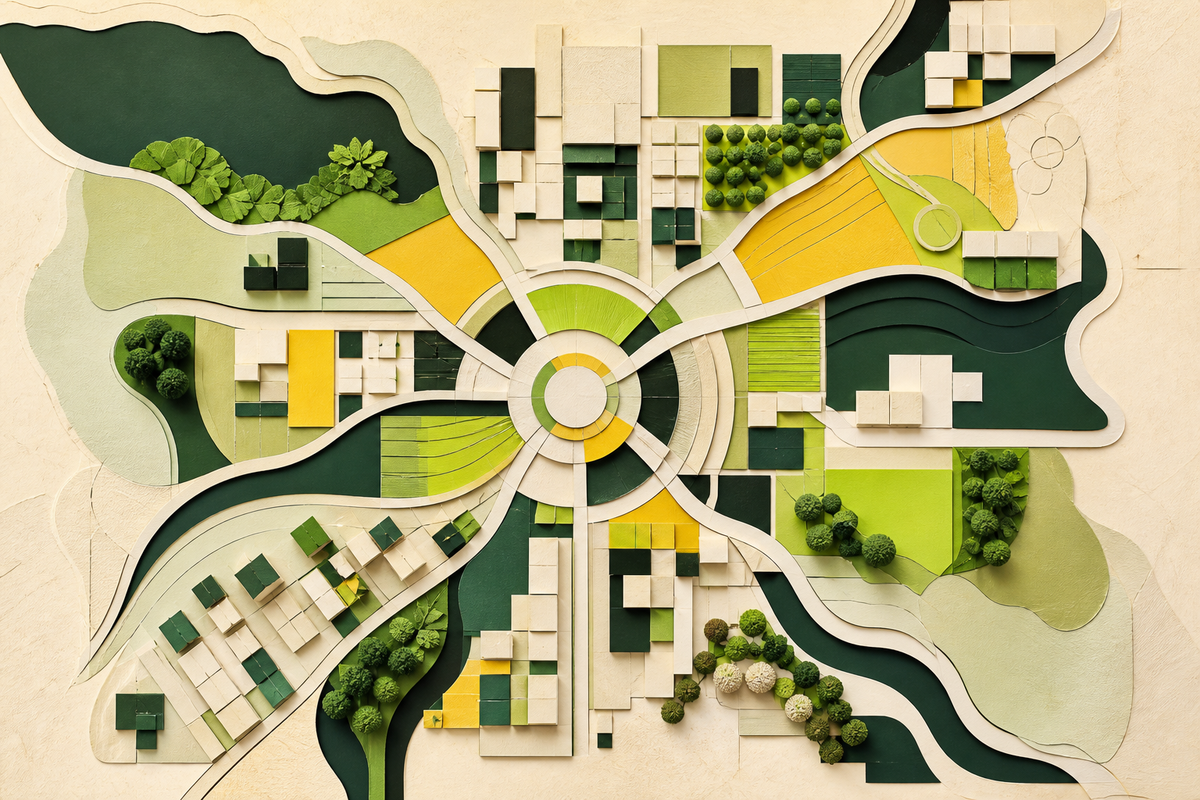 Dimensional architectural forms representing place, access, environmental exposure, and health.