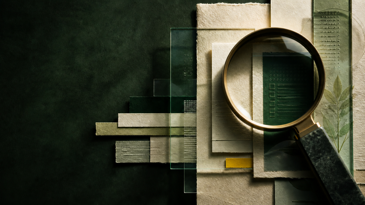 Layered paper labels and translucent glass examined through a sculptural magnifying lens.