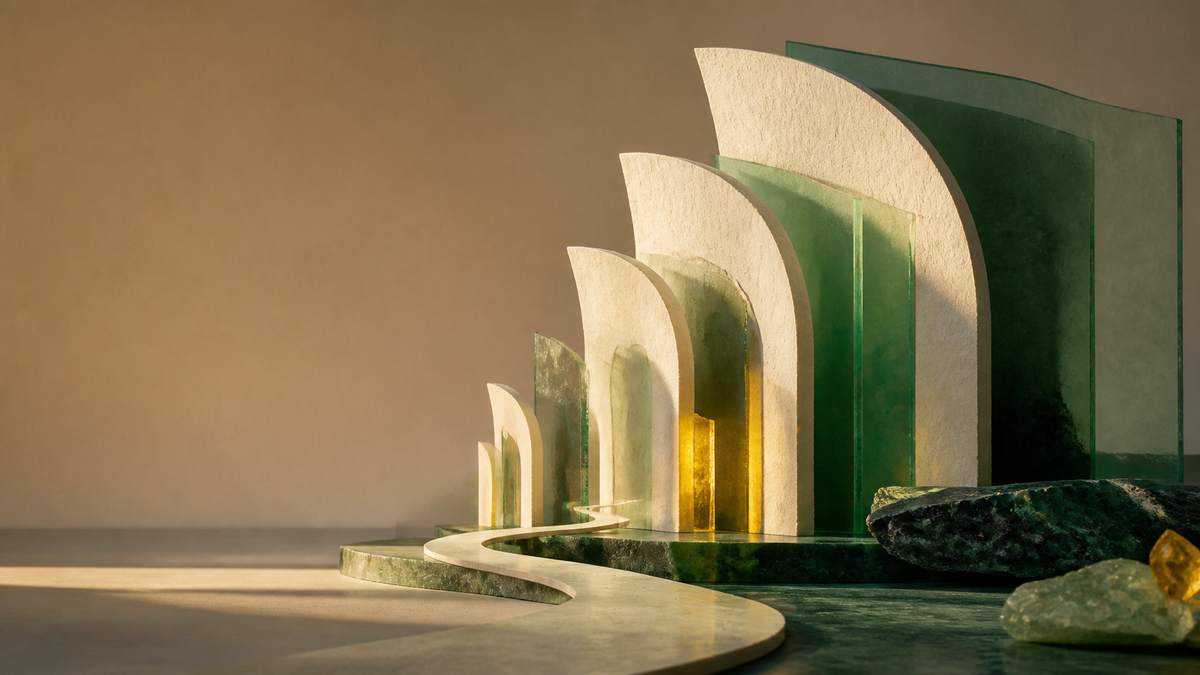 Layered architectural forms widening across time, representing capacity, continuity and healthspan.