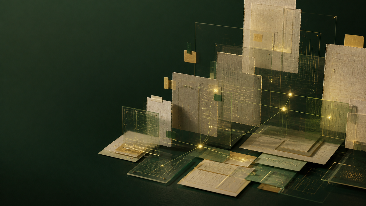 Layered paper and translucent research panels connected across a living archive.