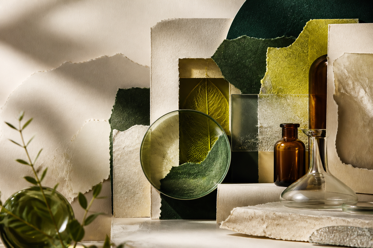 Layered paper, translucent glass and unlabeled vessels arranged as visual evidence.