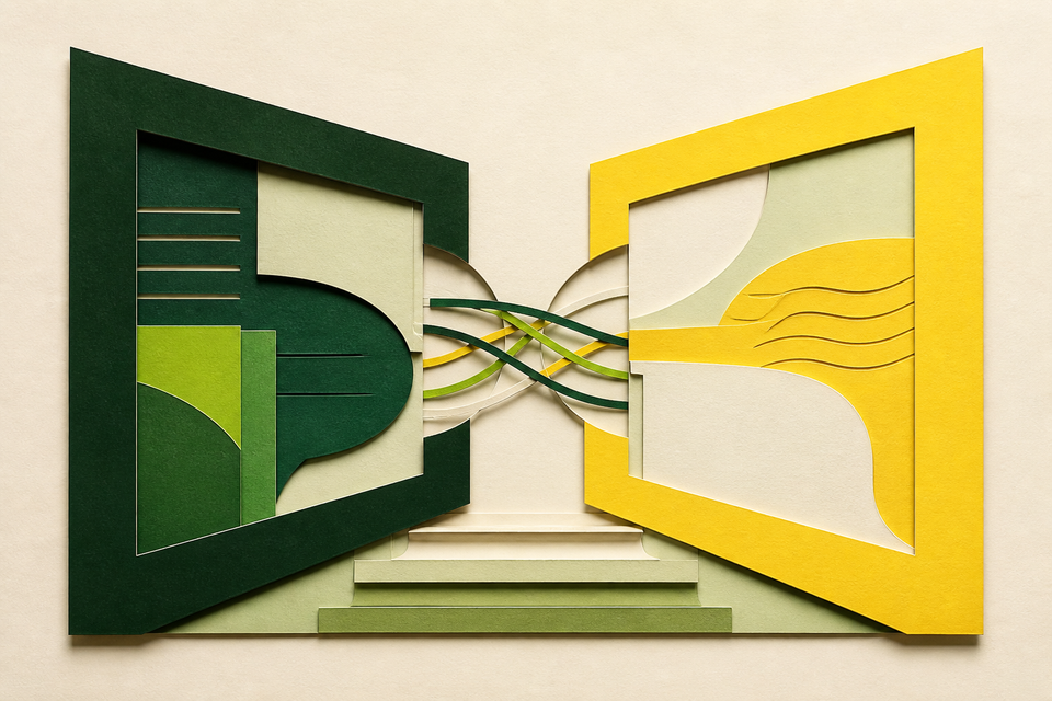 Layered translucent forms representing culture, communication, and interpretation within care.