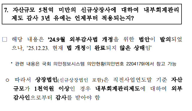 자산 규모 5천억 미만의 신규상장사에 대하여 내부회계관리제도 감사 3년 유예는 언제부터 적용되는지?