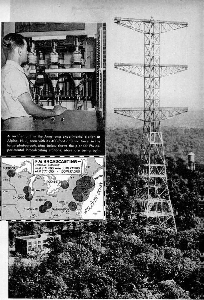 Historic black-and-white photo of Edwin Howard Armstrong’s FM radio tower in Alpine, New Jersey, with inset map of early FM stations across the United States.