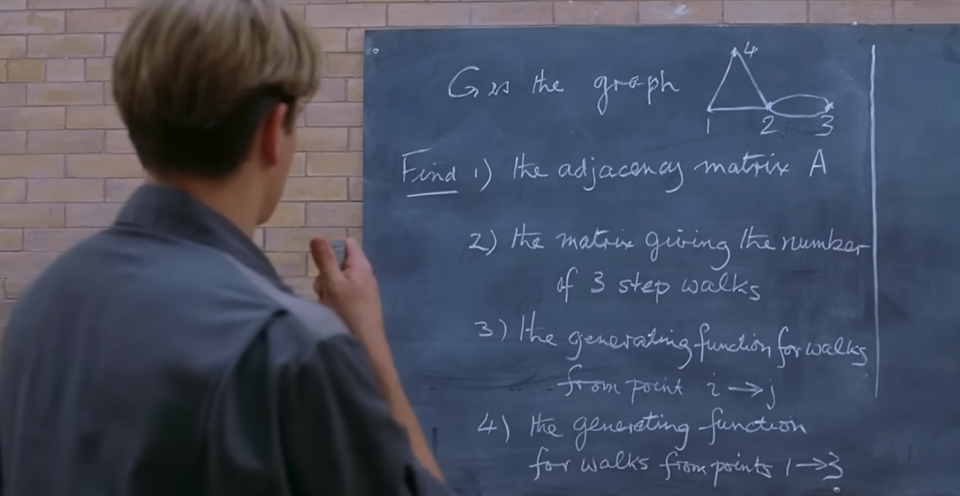 Will Hunting looking at a chalkboard with a graph theory problem in the film Good Will Hunting (1997).