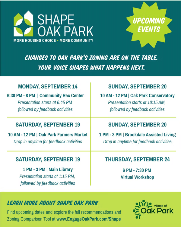 Shape Oak Park 6:30pm tonight at the CRC (Monday Sep 14th)