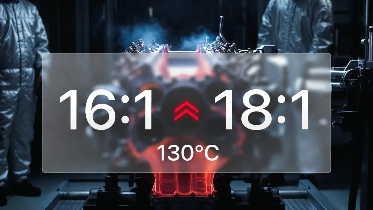 Mercedes F1 power unit on dynamometer test bench showing thermal heat distortion — compression ratio loophole that prompted FIA mid-season rule change for 2026