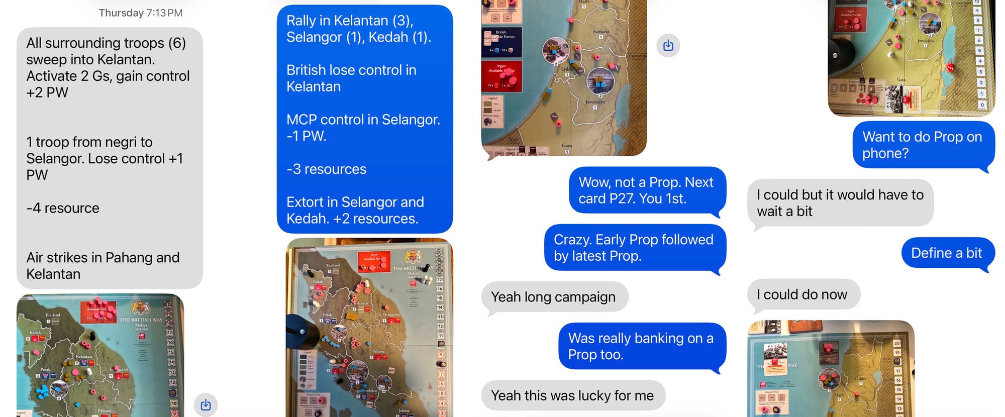 Images of Messages chats with turn details, board state photos, and some comments setting up a phone call.